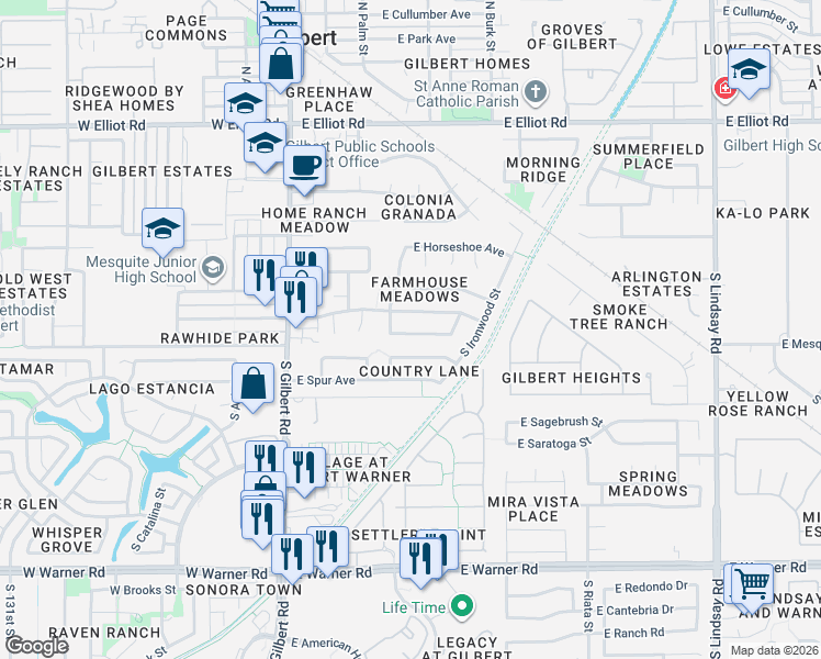 map of restaurants, bars, coffee shops, grocery stores, and more near 264 East Laredo Avenue in Gilbert