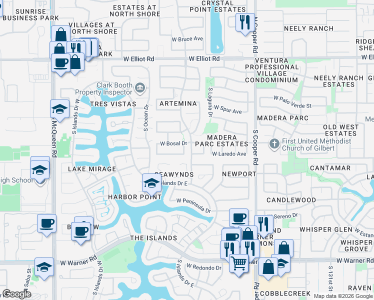 map of restaurants, bars, coffee shops, grocery stores, and more near 349 South Melba Street in Gilbert