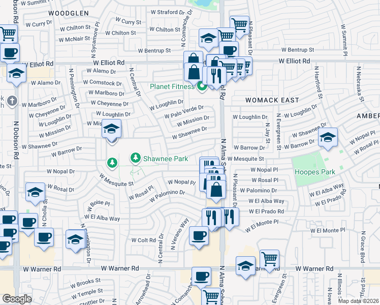 map of restaurants, bars, coffee shops, grocery stores, and more near 1219 West Barrow Drive in Chandler