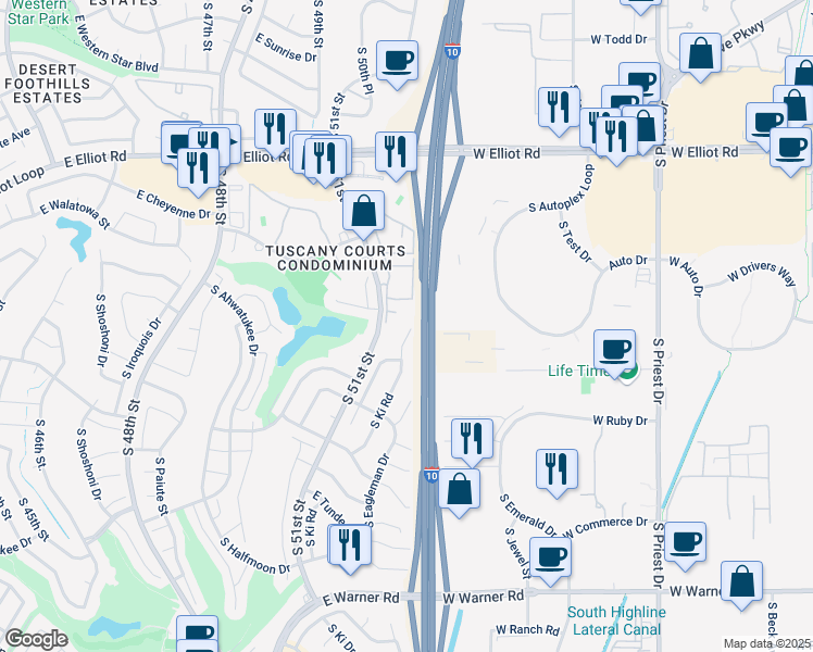 map of restaurants, bars, coffee shops, grocery stores, and more near 11221 South 51st Street in Phoenix