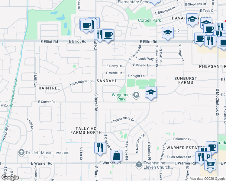 map of restaurants, bars, coffee shops, grocery stores, and more near 1017 East Secretariat Drive in Tempe