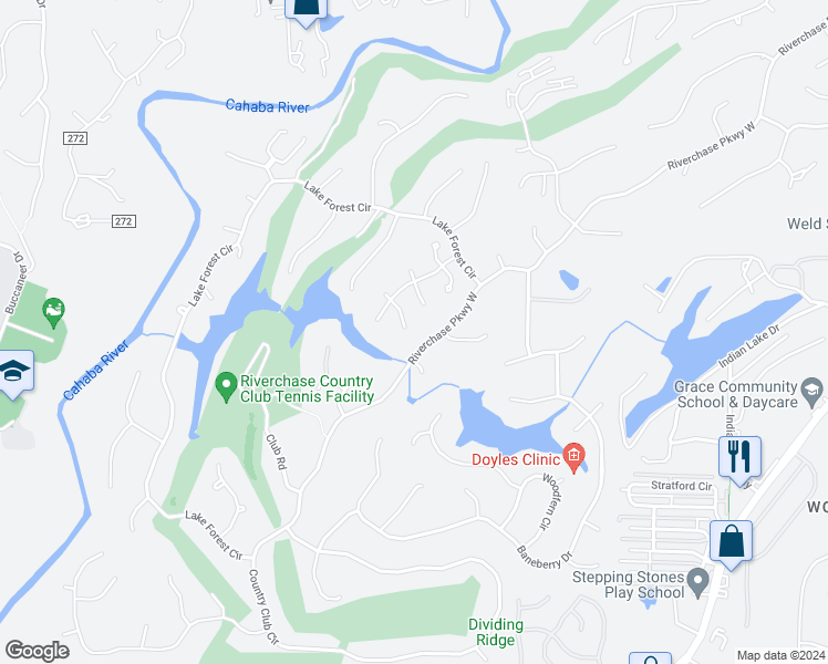 map of restaurants, bars, coffee shops, grocery stores, and more near 1229 Lake Point Vista in Hoover