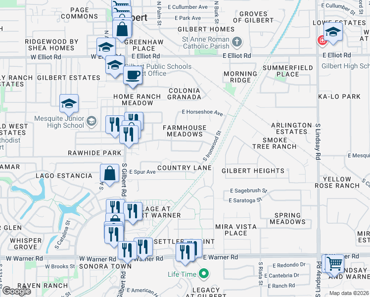 map of restaurants, bars, coffee shops, grocery stores, and more near 264 East Laredo Avenue in Gilbert