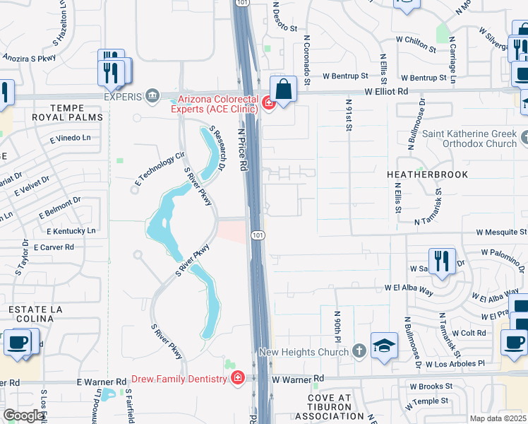 map of restaurants, bars, coffee shops, grocery stores, and more near 2555 North Price Road in Chandler