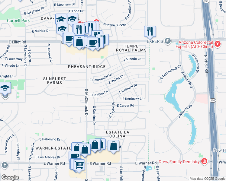 map of restaurants, bars, coffee shops, grocery stores, and more near 1905 East Citation Lane in Tempe