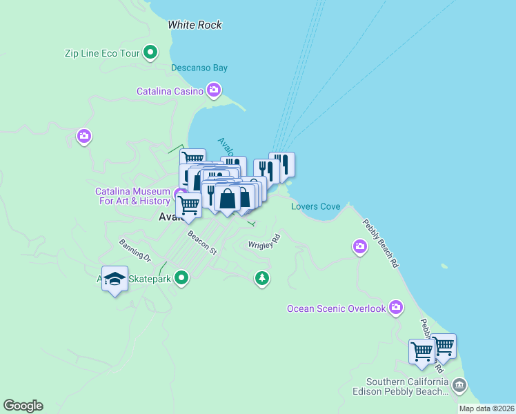 map of restaurants, bars, coffee shops, grocery stores, and more near 125 Pebbly Beach Road in Avalon