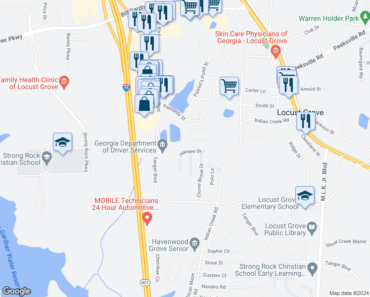 map of restaurants, bars, coffee shops, grocery stores, and more near 534 Hansen Drive in Locust Grove