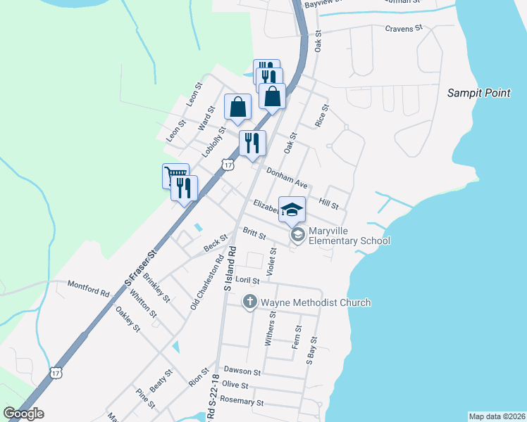 map of restaurants, bars, coffee shops, grocery stores, and more near 610 Elizabeth Street in Georgetown