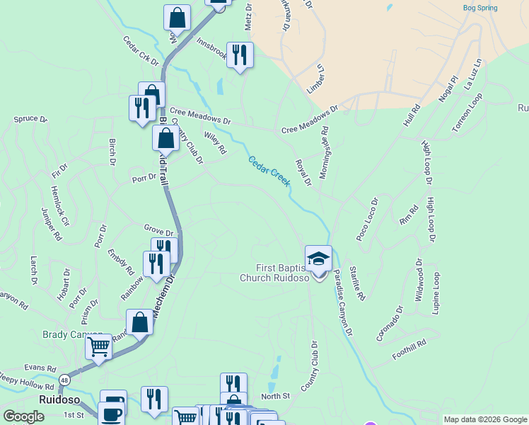 map of restaurants, bars, coffee shops, grocery stores, and more near 215 Barcus Road in Ruidoso