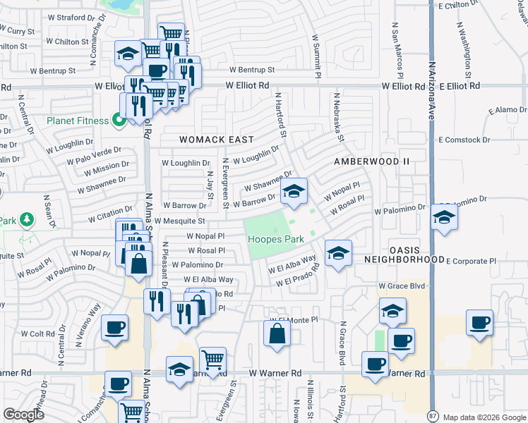 map of restaurants, bars, coffee shops, grocery stores, and more near 664 West Mesquite Street in Chandler