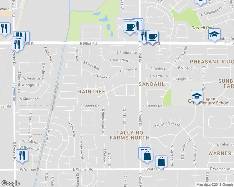 map of restaurants, bars, coffee shops, grocery stores, and more near 416 East Citation Lane in Tempe