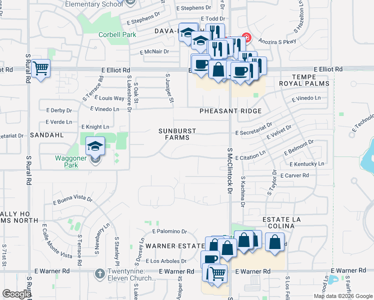 map of restaurants, bars, coffee shops, grocery stores, and more near 1426 East Citation Lane in Tempe