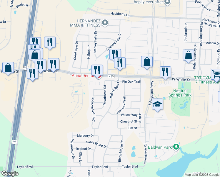 map of restaurants, bars, coffee shops, grocery stores, and more near 826 Sycamore Street in Anna
