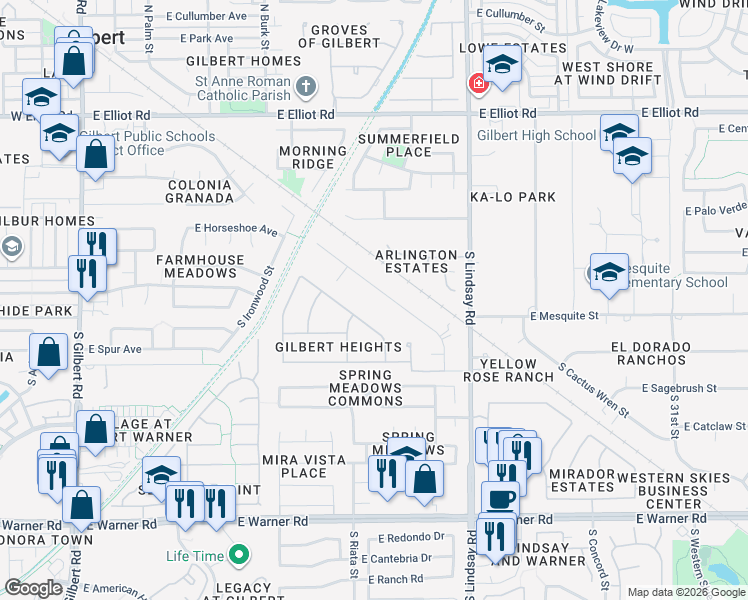 map of restaurants, bars, coffee shops, grocery stores, and more near 613 East Mesquite Street in Gilbert