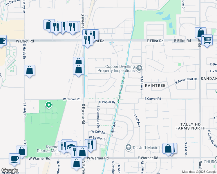 map of restaurants, bars, coffee shops, grocery stores, and more near 8076 South Dateland Drive in Tempe