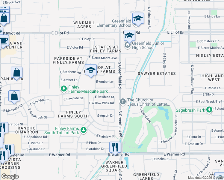 map of restaurants, bars, coffee shops, grocery stores, and more near 2345 East Robin Lane in Gilbert