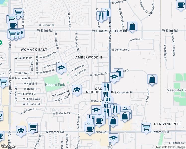 map of restaurants, bars, coffee shops, grocery stores, and more near 286 West Palomino Drive in Chandler