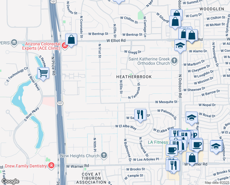 map of restaurants, bars, coffee shops, grocery stores, and more near 2568 North Ellis Street in Chandler