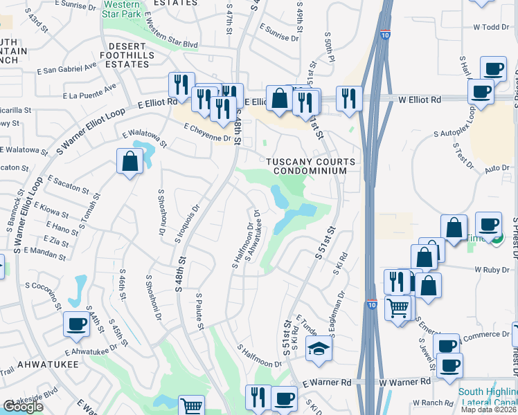 map of restaurants, bars, coffee shops, grocery stores, and more near 11441 South Ahwatukee Drive in Phoenix
