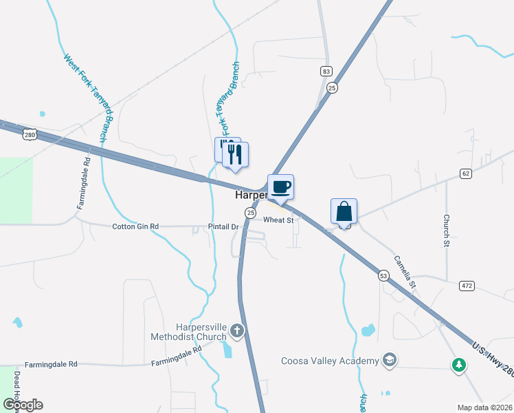 map of restaurants, bars, coffee shops, grocery stores, and more near 39414 Alabama 25 in Harpersville