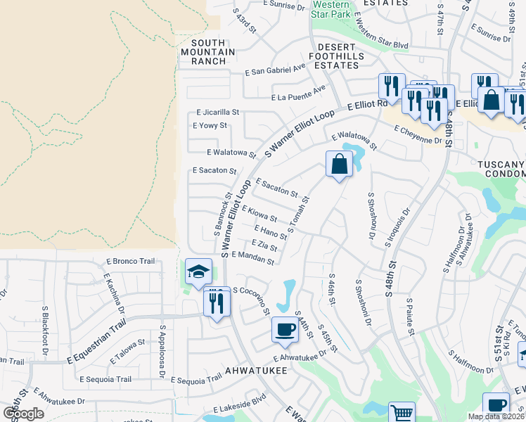 map of restaurants, bars, coffee shops, grocery stores, and more near 4253 East Yawepe Street in Phoenix