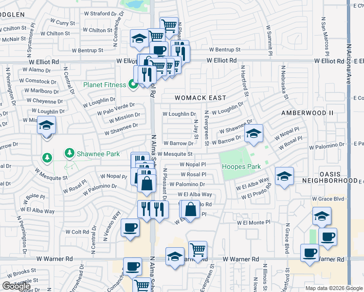 map of restaurants, bars, coffee shops, grocery stores, and more near 903 West Barrow Drive in Chandler