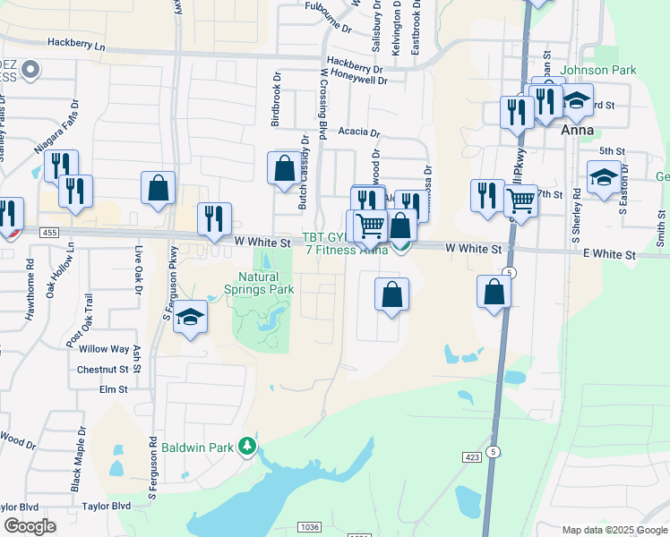 map of restaurants, bars, coffee shops, grocery stores, and more near 820 Westgate Court in Anna