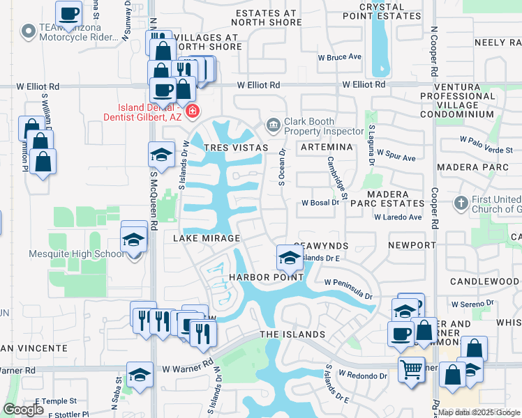map of restaurants, bars, coffee shops, grocery stores, and more near 259 South Islands Drive East in Gilbert