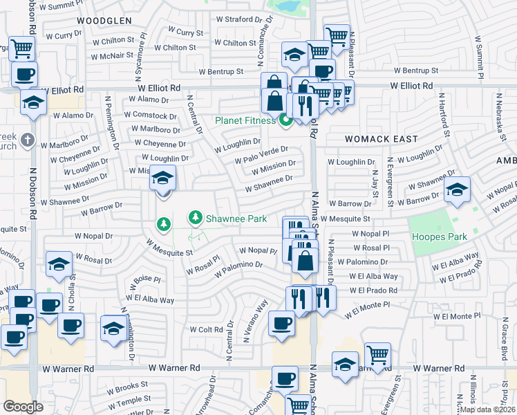 map of restaurants, bars, coffee shops, grocery stores, and more near 1219 West Barrow Drive in Chandler