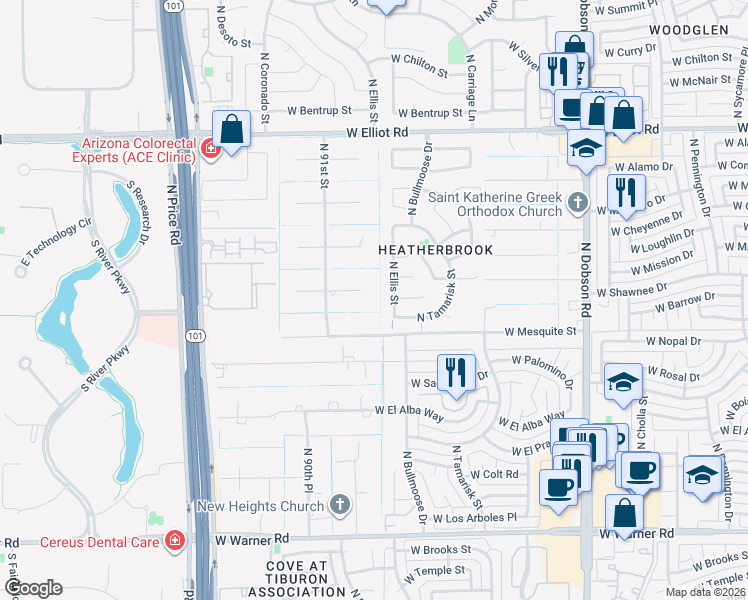 map of restaurants, bars, coffee shops, grocery stores, and more near 2568 North Ellis Street in Chandler