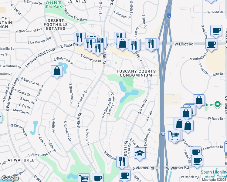 map of restaurants, bars, coffee shops, grocery stores, and more near 11441 South Ahwatukee Drive in Phoenix