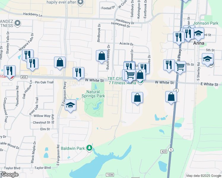 map of restaurants, bars, coffee shops, grocery stores, and more near Farm to Market 455 in Anna