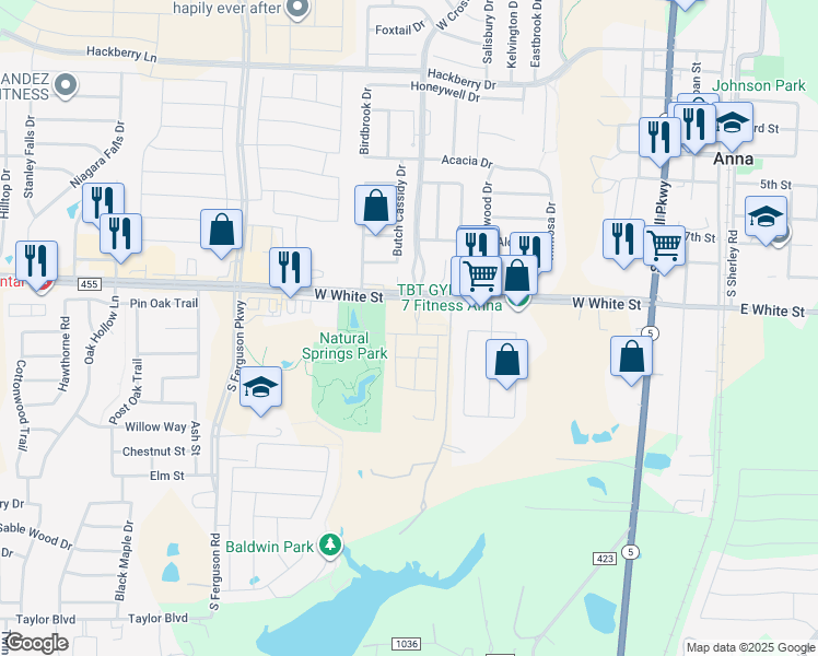 map of restaurants, bars, coffee shops, grocery stores, and more near Farm to Market 455 in Anna
