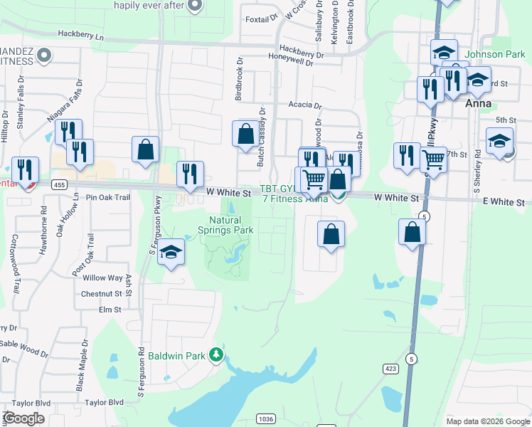 map of restaurants, bars, coffee shops, grocery stores, and more near Farm to Market 455 in Anna