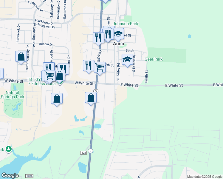 map of restaurants, bars, coffee shops, grocery stores, and more near 708 South Riggins Street in Anna