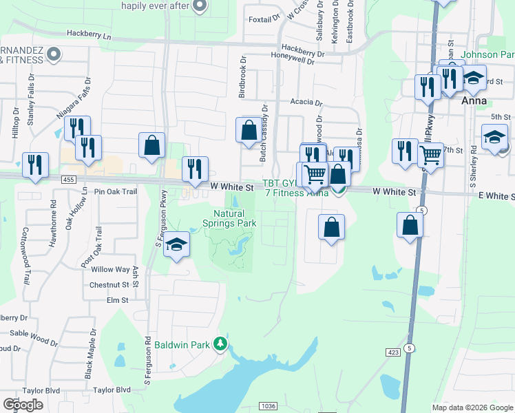 map of restaurants, bars, coffee shops, grocery stores, and more near Natural Springs Park Trail in Anna