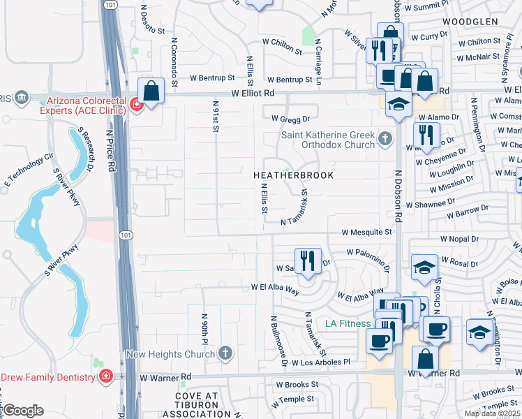 map of restaurants, bars, coffee shops, grocery stores, and more near 2568 North Ellis Street in Chandler