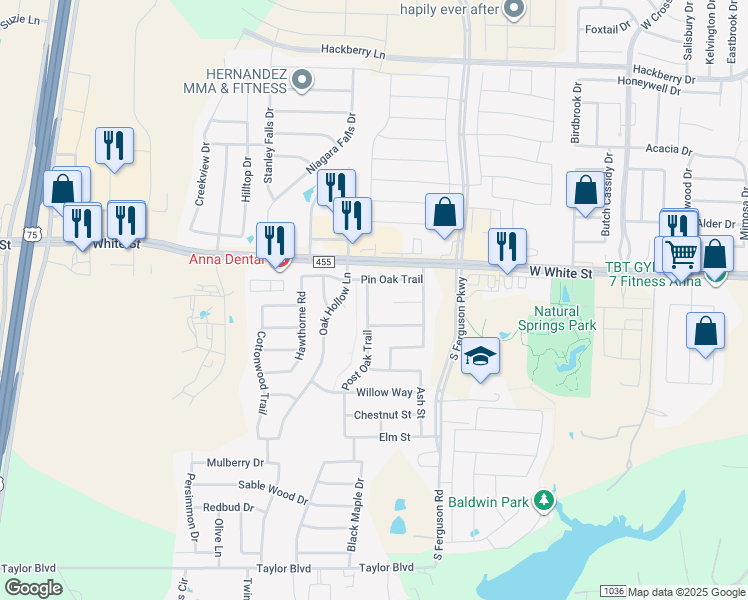 map of restaurants, bars, coffee shops, grocery stores, and more near 901 Post Oak Trail in Anna