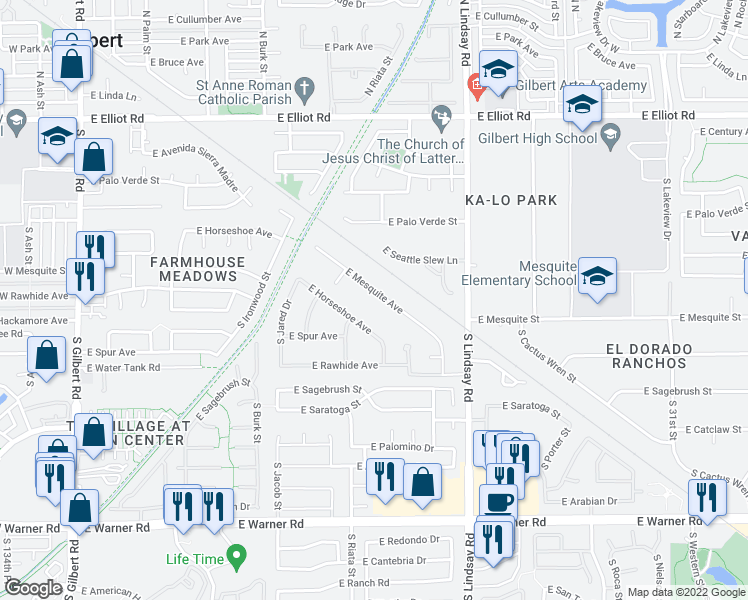 map of restaurants, bars, coffee shops, grocery stores, and more near 613 East Mesquite Street in Gilbert