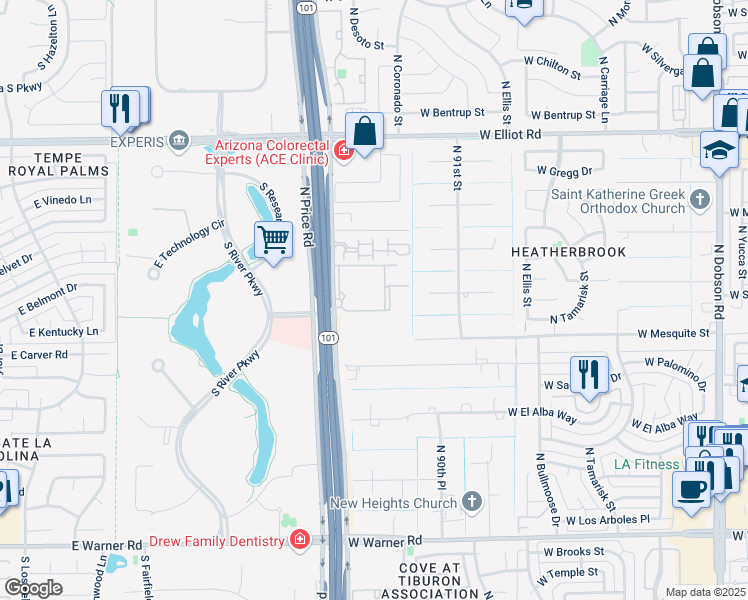 map of restaurants, bars, coffee shops, grocery stores, and more near 2555 North Price Road in Chandler