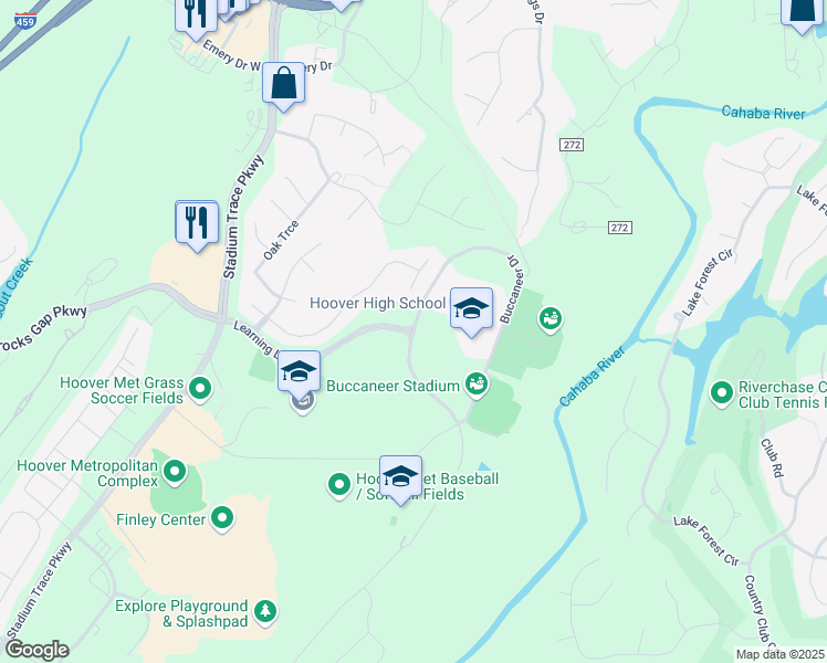map of restaurants, bars, coffee shops, grocery stores, and more near 62 Maple Trace in Hoover