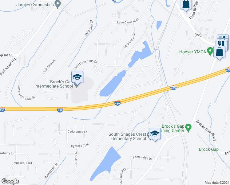 map of restaurants, bars, coffee shops, grocery stores, and more near 5973 Waterscape Pass in Hoover
