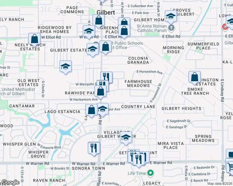 map of restaurants, bars, coffee shops, grocery stores, and more near 355 S Elm Ct in Gilbert