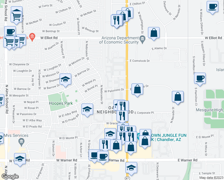map of restaurants, bars, coffee shops, grocery stores, and more near West Palomino Drive in Chandler