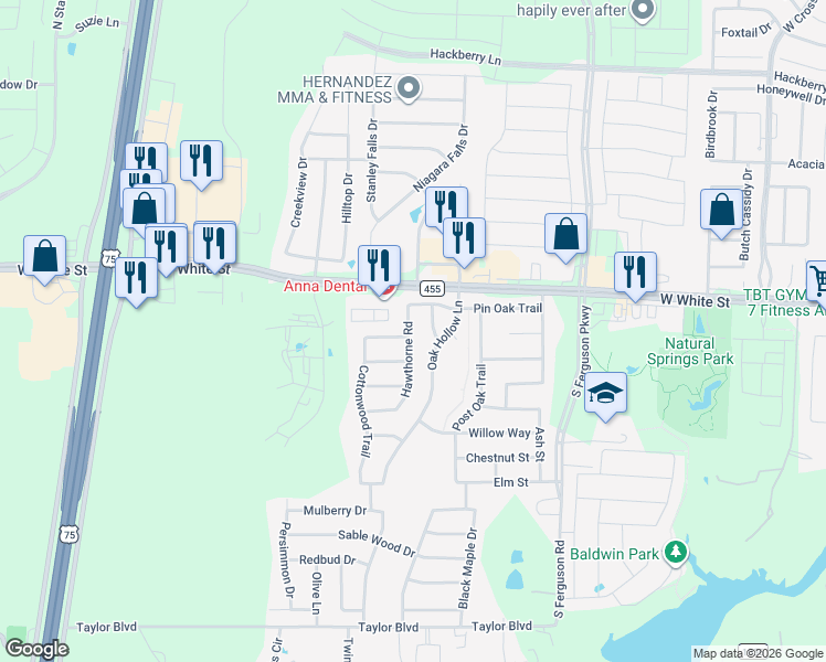 map of restaurants, bars, coffee shops, grocery stores, and more near 821 Hawthorne Road in Anna