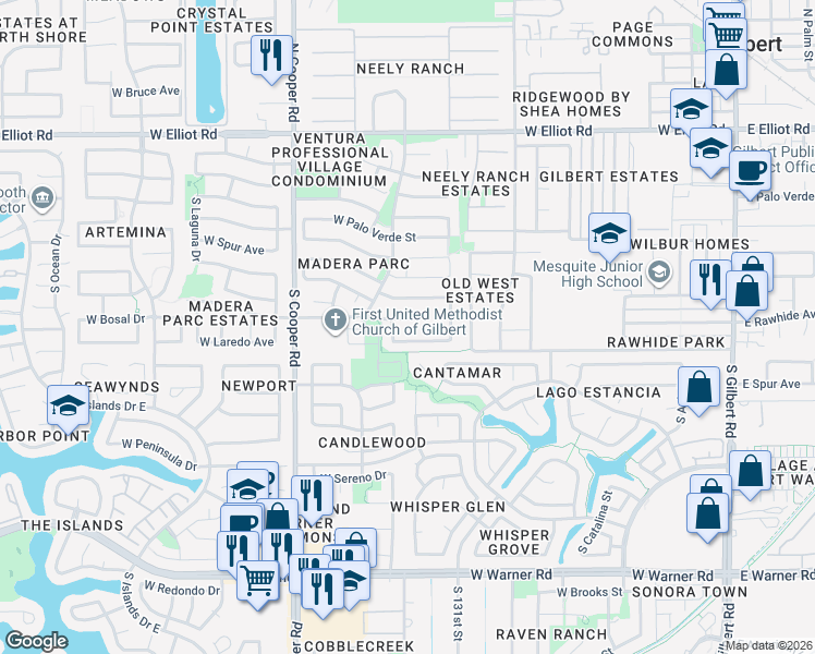 map of restaurants, bars, coffee shops, grocery stores, and more near 549 W Rawhide Ave in Gilbert