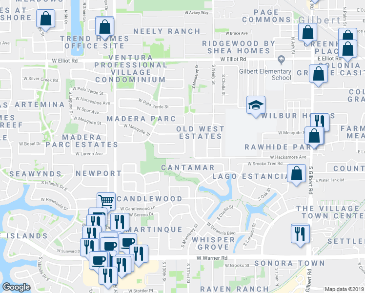 map of restaurants, bars, coffee shops, grocery stores, and more near 332 South Golden Key Drive in Gilbert