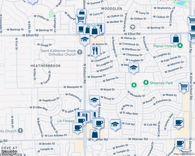 map of restaurants, bars, coffee shops, grocery stores, and more near 2513 North Cholla Street in Chandler