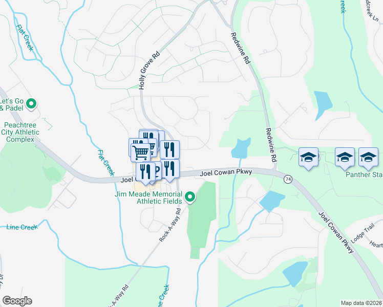 map of restaurants, bars, coffee shops, grocery stores, and more near 104 Holly Springs Drive in Peachtree City