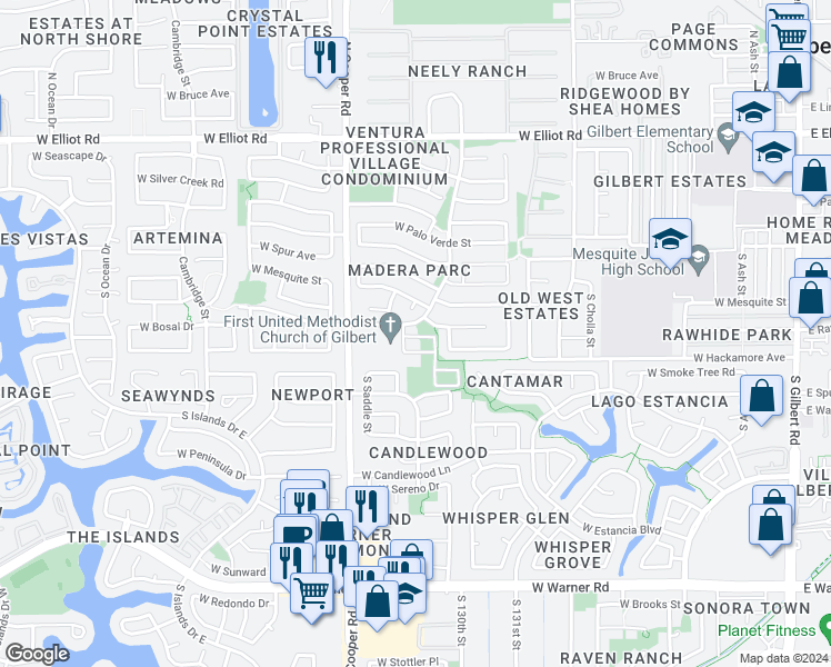map of restaurants, bars, coffee shops, grocery stores, and more near 686 West Bosal Drive in Gilbert